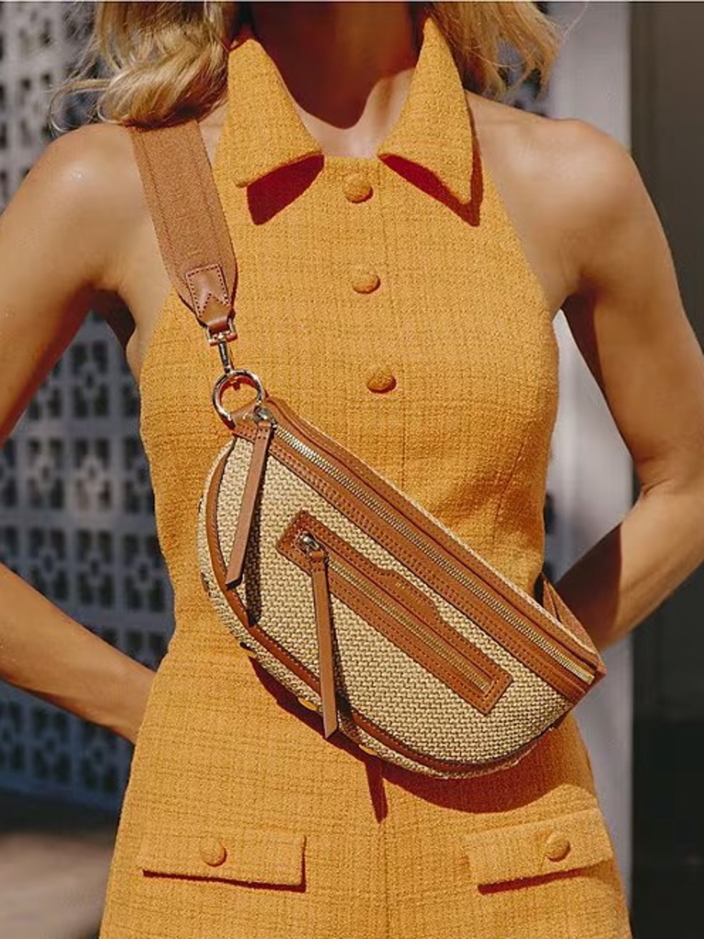 Hammitt Charles medium raffia & Leather Crossbody Belt Bag NWT